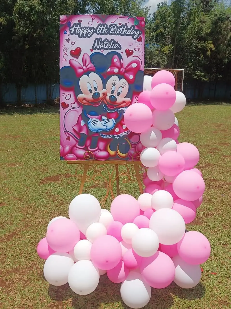 A birthday sign board surrounded by pink and white balloons on the grass at Vipe Fun Park