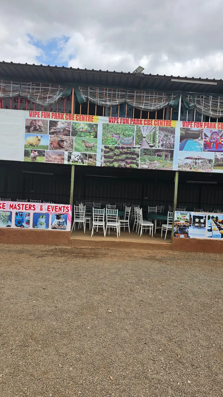 The front of the Vipe Fun Park CBE Centre with learning banners and seating underneath