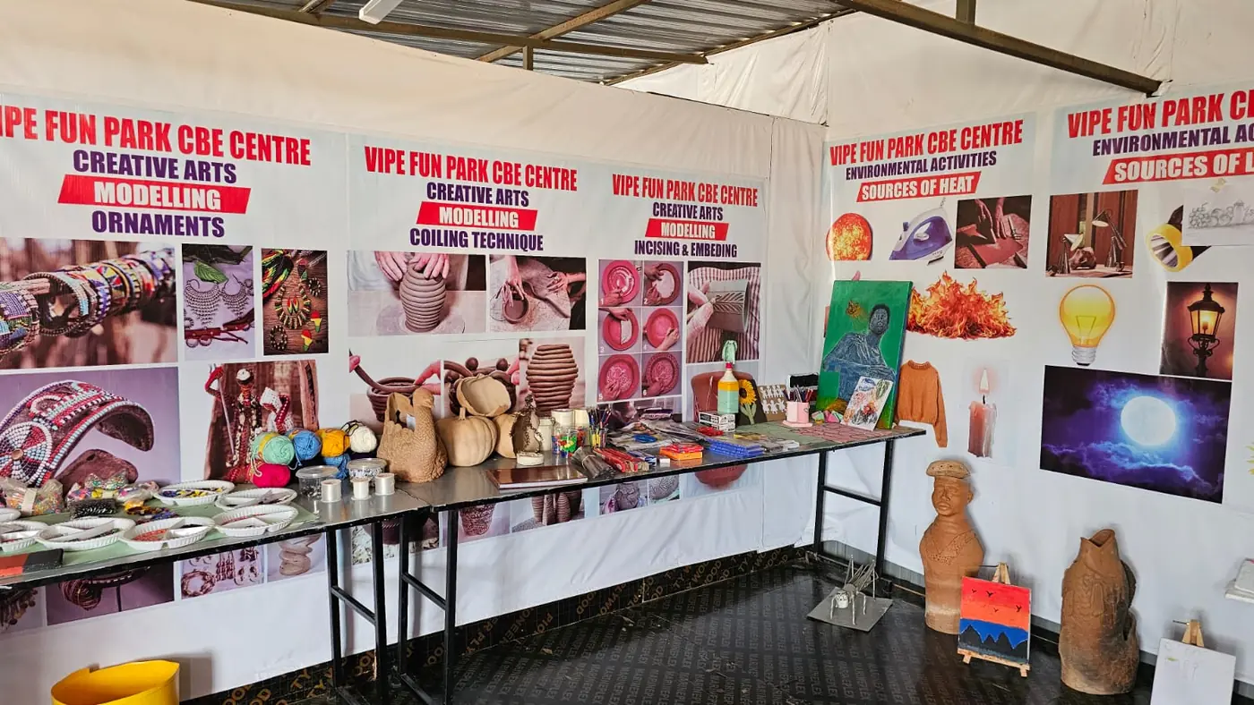 The creative arts room at the Vipe Fun Park CBE Centre with modelling displays, clay work and craft materials laid out on tables