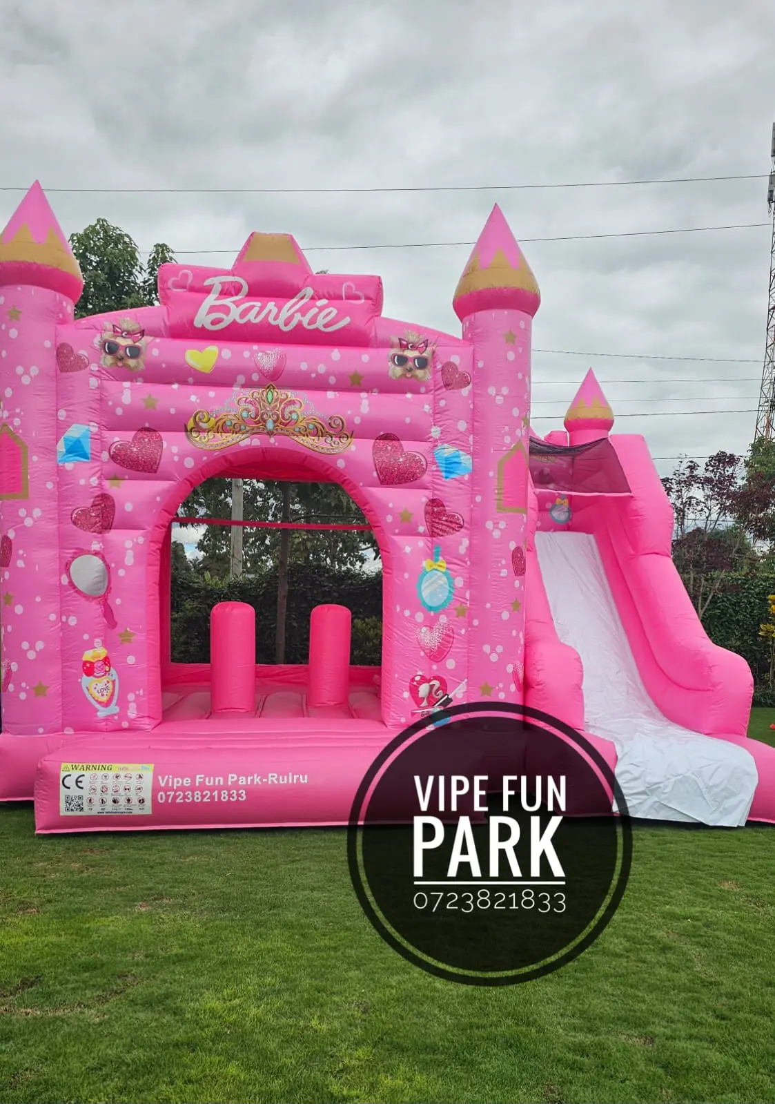 A bright pink princess-themed bouncing castle with an inflatable slide on the lawn